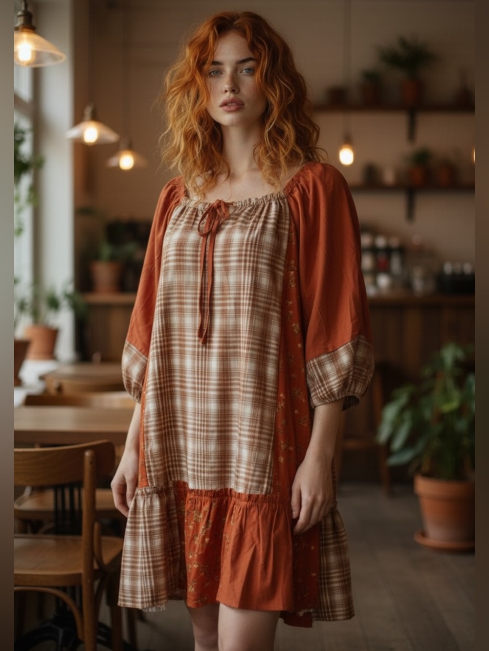 Easel Patchwork Plaid Floral Boho Tunic Mini Dress L NWT Orange - Picture 3 of 8